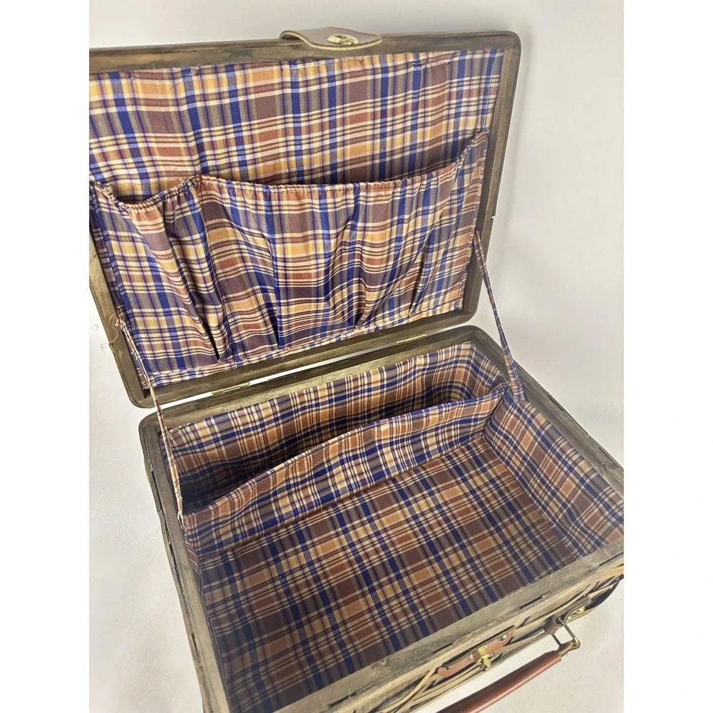 Vintage Woven Wood Picnic Basket Plaid Lined Folding Handle Storage Basket